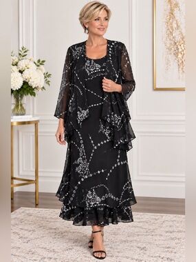 Bella Blue Dress With Jacket Size 12 Black & White Floral Chiffon 2 Piece Set
